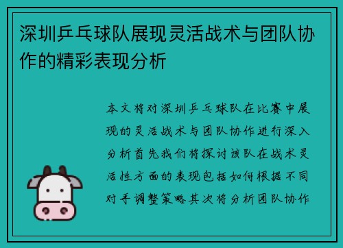 深圳乒乓球队展现灵活战术与团队协作的精彩表现分析